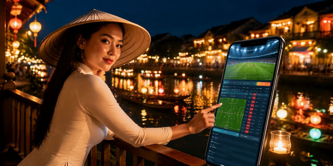 Người dùng tại Hội An đăng nhập 893 trên điện thoại bên cạnh nón lá truyền thống