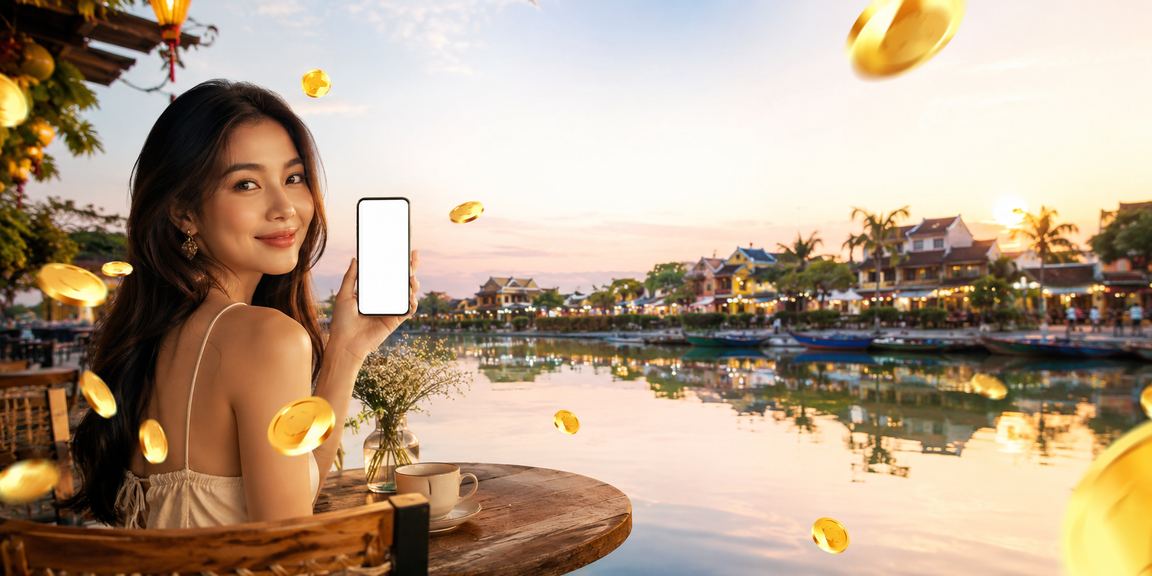 Người dùng Hội An xem ưu đãi tiền thưởng 893 bên tách cà phê buổi sáng
