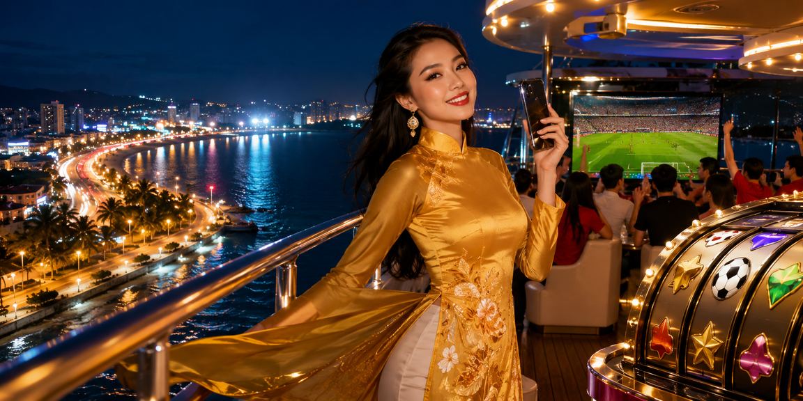 Cảnh biển Phan Thiết với người mặc áo dài tham gia slot game trên điện thoại